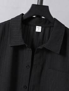 SHEIN 青少年男童纯色前襟休闲百搭短袖衬衫 - 黑色 - 查看 5