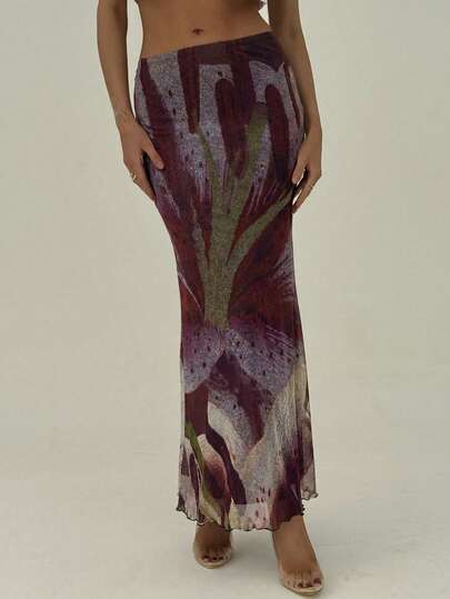 Aloruh Nueva falda larga elástica de malla con estampado floral, falda midi romántica naranja con grandes flores para vacaciones y citas