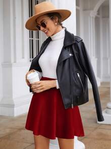 SHEIN Frenchy Women's Casual Everyday Office Commute Solid Color Umbrella Hem Short Skirt, Summer Spring - Red - View 5