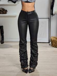 Jeanoix 女士Y2K休闲时尚街头褶皱PU皮喇叭裤 - 黑色 - 查看 5