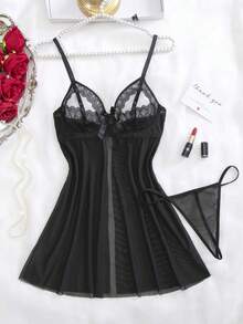 SHEIN Bộ đồ lót ren lưới tương phản 2 món có gọng dành cho nữ - màu đen - Xem 1