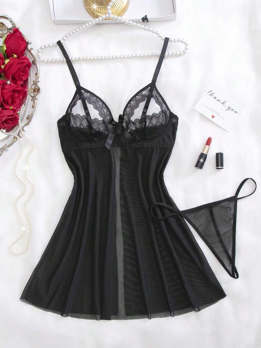 SHEIN Bộ đồ lót ren lưới tương phản 2 món có gọng dành cho nữ - màu đen - Xem 1