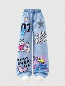 SHEIN Streecool Kids Tween Girls' Fashionable Cartoon Print Wide Leg Pants - Blue - View 7