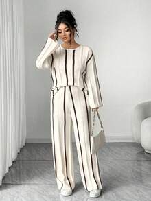 Elenzga Bộ áo len và quần dài tay kẻ sọc thanh lịch dành cho nữ, cỡ lớn, bộ đồ dệt kim thời trang cho mùa thu/đông - Màu be - Xem 5