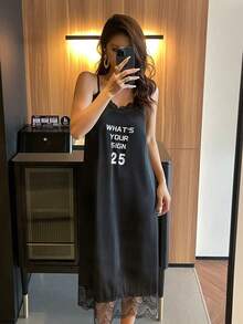 DAZY Áo ngủ hai dây không tay in họa tiết Anh, phối ren, dành cho nữ. - màu đen - Xem 5