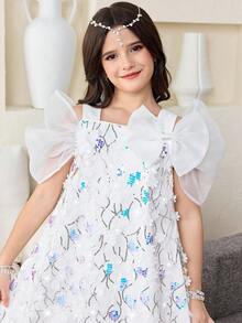 SHEIN Tween Girl Spring/Summer Elegant Sequin Embroidered Lace Large Bow Decor Exaggerated Sleeve A-Line Dress White Suitable For Wedding Season Flower Girl Dress Tween Girl - White - View 5