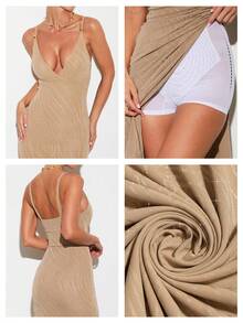 Nuvra 女士优雅性感V领无袖长裙 - 咖啡 - 查看 3