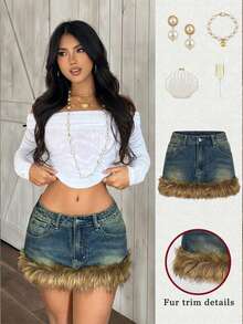 SHEIN PETITE 女士口袋拼接毛绒性感时尚紧身牛仔迷你裙 - 藍色 - 查看 10