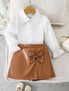 Young Girls White Woven Plain Collar Button Puff Sleeve Blouse Paired With Yellow-Brown Leather Waistband Butterfly Decor Slit Skirt Pants 2-Piece Set, Suitable For Spring/Autumn Daily, Outdoor, Party Wear - White - View 3