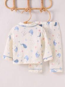 2pcs/Set Baby Boys Comfy Whale Printed Collar Cardigan Long Sleeve Top & Pants Casual Lounge Set Cotton Pajamas Baby Pajama Set Newborn Cotton Clothes Baby Clothes Baby Pajamas Cotton Baby Pajamas Fall Winter - Apricot - View 2