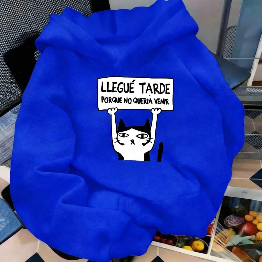 Unisex estampado gato frase divertida estilo urbano casual escuela sudadera - azul real - Ver 1