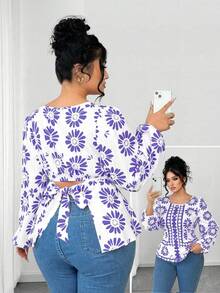 SHEIN Elenzya 女士圆领修身长袖印花衬衫，休闲外套 - 淡紫色 - 查看 2