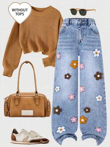 SHEIN ChillGRL 少女时尚雪花水洗刺绣阔腿牛仔裤，适合春、夏、秋、冬四季穿着，学院风、街头风、休闲风、可爱风、复古风，适合秋冬季日常出行、聚会、居家、度假、返校季等场合。 - 中等水洗藍 - 查看 1