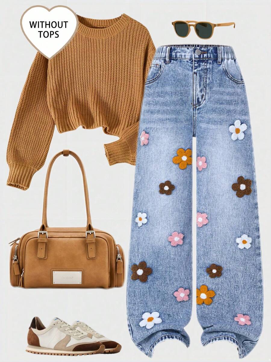 SHEIN ChillGRL 少女时尚雪花水洗刺绣阔腿牛仔裤，适合春、夏、秋、冬四季穿着，学院风、街头风、休闲风、可爱风、复古风，适合秋冬季日常出行、聚会、居家、度假、返校季等场合。 - 中等水洗藍 - 查看 1