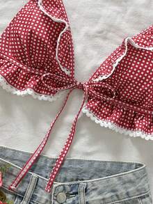 Swim Mod Women's Sweet Cute Plaid Print Ruffle Trim White Lace Casual Beach Vacation Swimsuit Top - Red - View 5