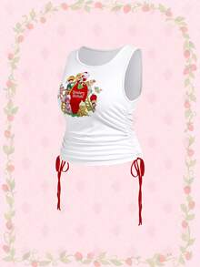 Strawberry Shortcake | ROMWE Spring / Summer Plus Size Summer Casual Cartoon & Strawberry Print Side Drawstring Tank Top - White - View 5