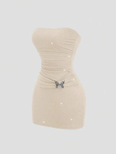 Sweetra Vestido mini ajustado de punto con hilo metálico, escote bandeau y hebilla metálica con diseño de mariposa, adecuado para primavera, verano, otoño e invierno