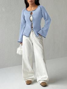 Jeanoix Áo khoác cardigan nữ dáng suông tay loe, viền gân, cài nút phía trước, thích hợp mặc hàng ngày, mùa Thu/Đông. - Màu xanh bạc hà - Xem 5