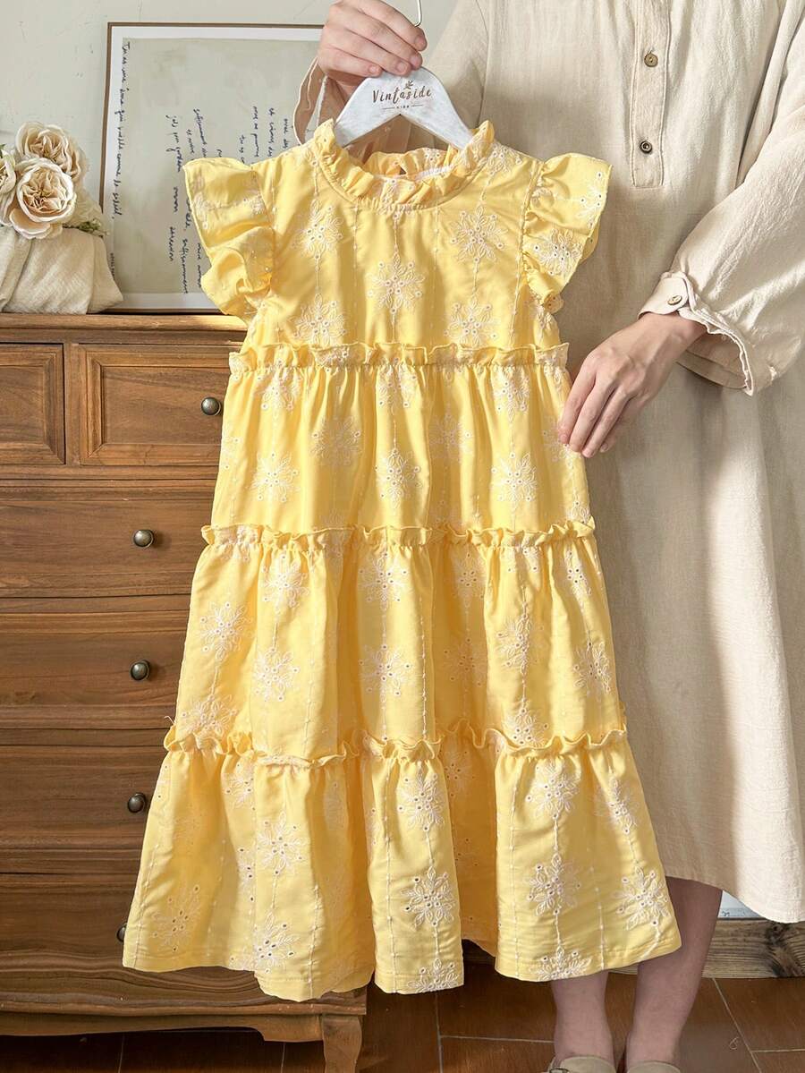 SHEIN 1件女童镂空纹理面料立领A字度假连衣裙,春夏款 - 黃色 - 查看 1