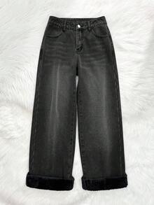 SHEIN 少女基础款灰色牛仔保暖宽松裤，秋冬季保暖，休闲高腰阔腿牛仔裤，百搭Y2K风格，适合教师、返校、教堂、商务休闲等场合，工装牛仔裤，秋冬季宽松裤，高腰长款阔腿牛仔裤，街头风 - 黑色 - 查看 5