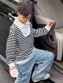 SHEIN Little Byeori 两件套男童黑白条纹半拉链卫衣，保暖舒适，适合户外、上学、日常穿着，秋冬季节适用。 - 黑與白 - 查看 5