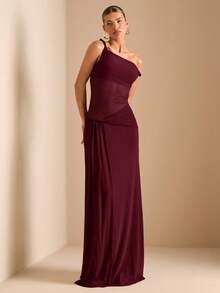 SHEIN BAE Đầm maxi nữ mùa hè bên bờ biển, kiểu dáng lệch vai, bất đối xứng, chất liệu lưới và ruy băng xoắn. - Màu Đỏ Sâu - Xem 6
