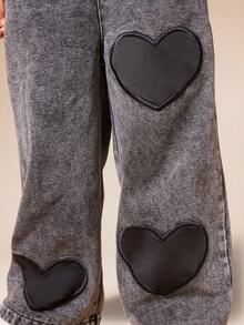 SUMWON Heart Applique Distressed Denim Wide Leg Jeans With Elastic Waist And Relaxed Fit For Comfortable Everyday Wear For Casual And Vacation - Black - View 4