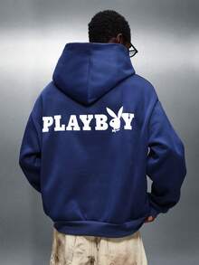 PLAYBOY X SUMWON 男士藏蓝色连帽衫，背面印有大号品牌标志，长袖套头衫，休闲卫衣，带前袋 - 藍色 - 查看 6