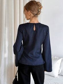Siren Gaze Women's Striped Print Metal Ring Decor Ruffle Long Sleeve Blouse,Women's Striped V-Neck Long Sleeve Fitted Shirt Wrap Tops For Women Blouses For Women Business Office Tops For Women Business Casual Woman Top Office Blouses Winter Blue Elegant Dark Blue Top Bell Sleeve Top Navy Top Spring - Navy Blue - View 2
