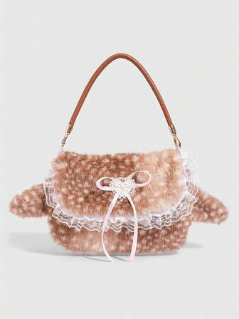 Kawaii 1 pieza Bolso de hombro de peluche lindo para niña, un bolso de hombro de peluche pequeño de ciervo para otoño e invierno, un bolso de ciervo de otoño e invierno navideño para una estudiante