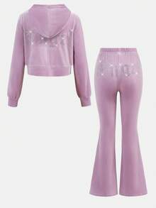 SHEIN Glowzi Teen Girl Velvet Rhinestone Zip-Up Hoodie Top And Slim Flare Pants Casual Elegant 2-Piece Set, Suitable For Halloween, Home, And Daily Wear - Lilac Purple - View 9