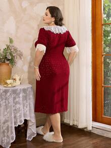 Côtesoire Camisón corto de manga corta con parches de encaje jacquard y corte evasé para tallas grandes - Rojo violeta - Ver 2