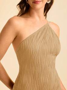 CAJUNI Women's Wavy Texture Knit Fabric Spaghetti Strap Backless Fitted Summer Vacation Sexy Dress, Earth Tone Dress - Khaki - View 3