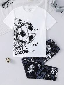 SHEIN 2件套儿童/青少年男童休闲简约圆领短袖T恤和宽松足球图案睡裤套装