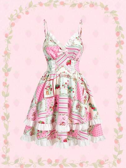 Strawberry Shortcake | ROMWE Women's Patchwork Print Ruffle Hem Bow Decor Dress