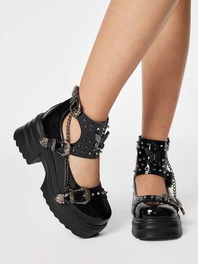 Goth 2025 New Fashion Spring/Autumn Punk Style PU Leather Round Toe Mary Jane Shoes, Thick Platform Chunky Heel, Bow & Rivet Decor, Women Casual Flats