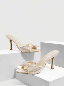 CUCCOO SZL Women's Bow Decor Sequin Elegant High Heel Slide Sandals - Champagne - View 2