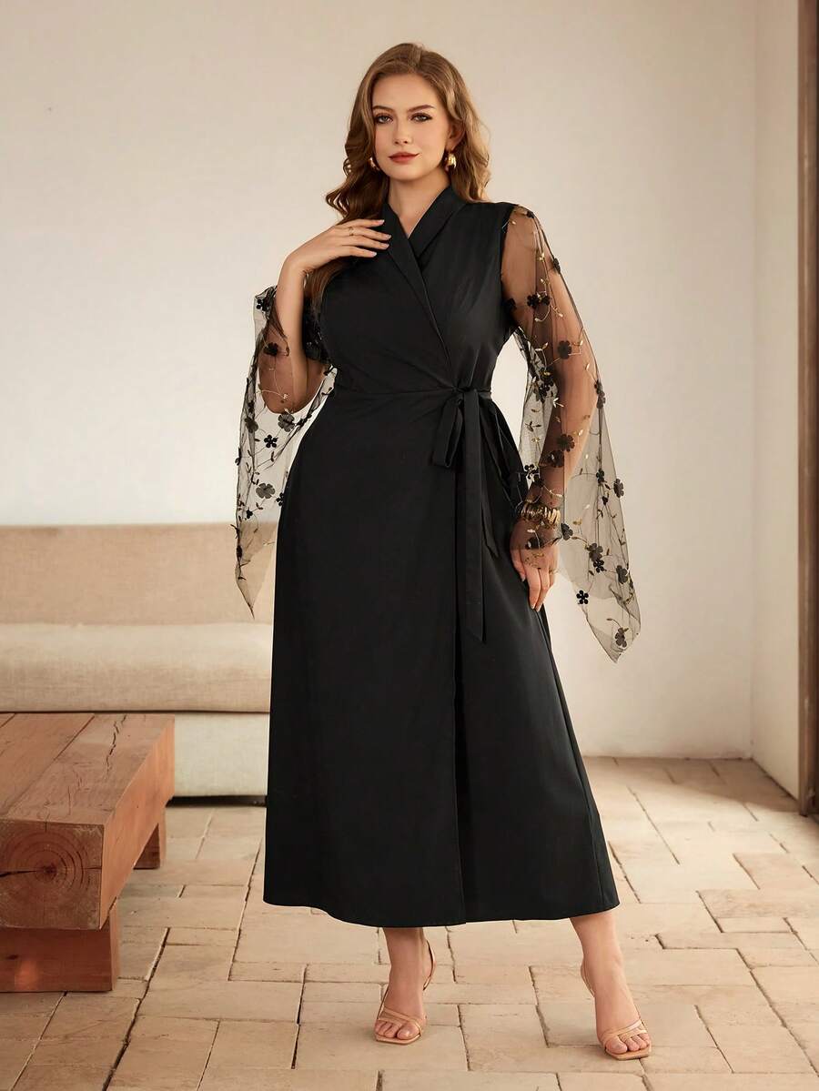 Roveilla Đầm maxi nữ cỡ lớn thanh lịch, thoải mái, thích hợp đi làm, thêu họa tiết lưới, phối nhiều lớp. - màu đen - Xem 1