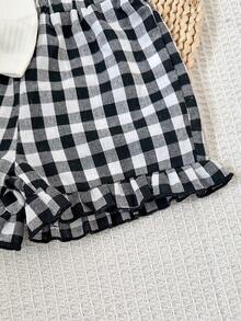 SHEIN Playful Pals 两件套女婴圆领无袖背心，印有英文字母，搭配格子短裤，休闲可爱复古套装，适合夏季日常外出或旅行。 - 黑與白 - 查看 7