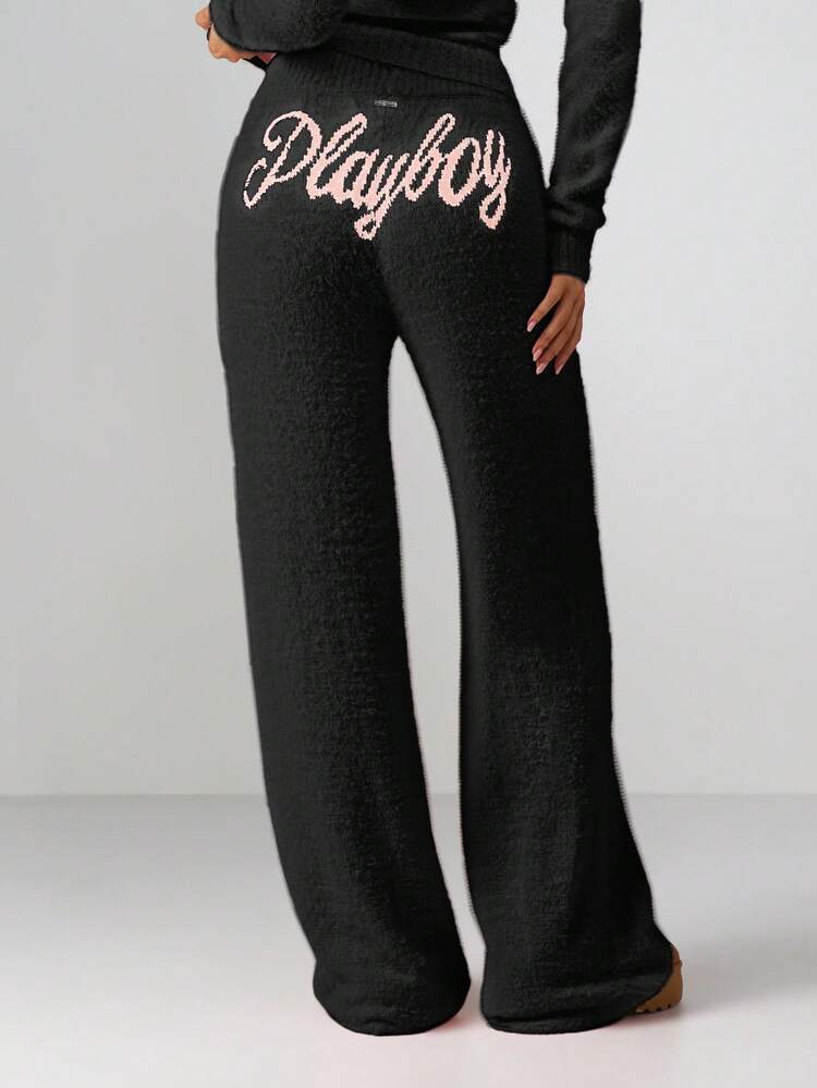 Missguided x Playboy Fluffy Knit Wide Leg Joggers With Drawstring Waist And Soft Texture For Comfortable Loungewear