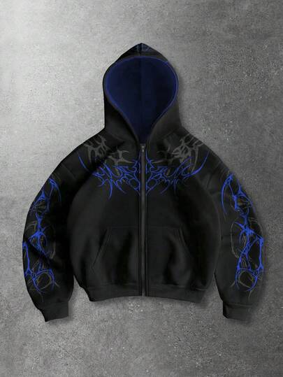 Street Life Felpa con cappuccio e chiusura lampo casual da uomo con stampa grafica, autunnale