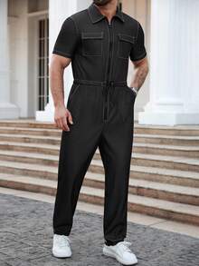 Manfinity Homme Men's Casual Everyday Commute Fashion Street Contrast Stitch Drawstring Waist Cargo Jumpsuit Pants, Spring/Summer/Autumn Men Black Jumpsuit Mens Overall Men Jumpsuit Men Black Overall Mens Summer Overall Old Money,Daily Leisure, Weekend Trips, Outdoor Activities, Travel Expeditions, Relaxed Work Environments , Boyfriend/Husband Gift, Anniversary /Birthday Gift Party Summer Vacation Holiday New Years Wedding Valentine's Day Men Summer Jumpsuit