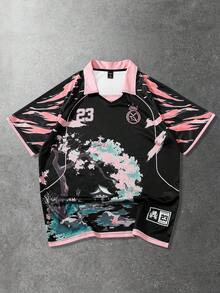 ROMWE MEN Anime 男士休闲运动樱花英文印花短袖Polo衫 - 黑色 - 查看 3