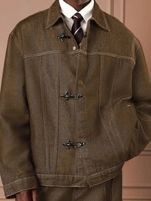 SUMWON Men Raw Denim Jacket With Loop Fastener Contrast Stitch Regular Fit Workwear Inspired Outerwear Fall Winter Fashion - Brown - View 7