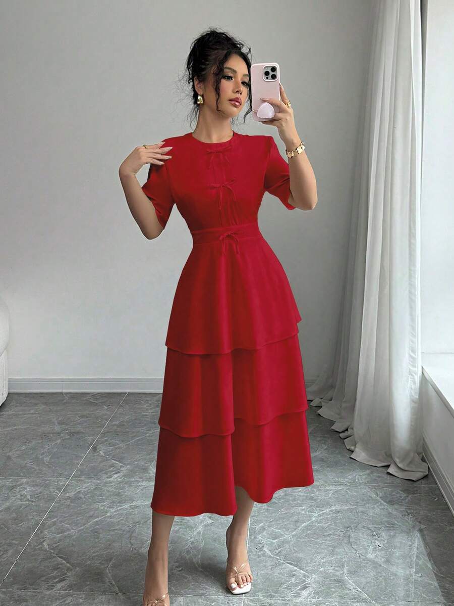 Elenzga 女士简约纯色蝴蝶装饰蛋糕裙 - 紅色 - 查看 1