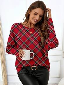 EMERY ROSE Casual Minimalist England Contrast Plaid Print Long Sleeve T-Shirt For Women, Suitable For Outings, Street Style, Work Commute, Parties, Chic Spring - Multicolor - View 6