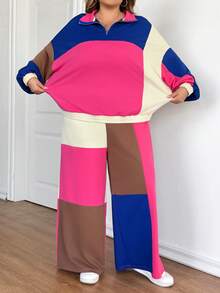 SHEIN CURVE+ 2 Stücke Set Damen Große Größen Lässig Patchwork Loose Fit Langarm Halb-Reißverschluss Hoodie und Weite Bein Jogginghose, Streetwear, Freizeitmode, Loungewear, Herbst/Valentinstag - Verschiedenfarbig - Übersicht 5