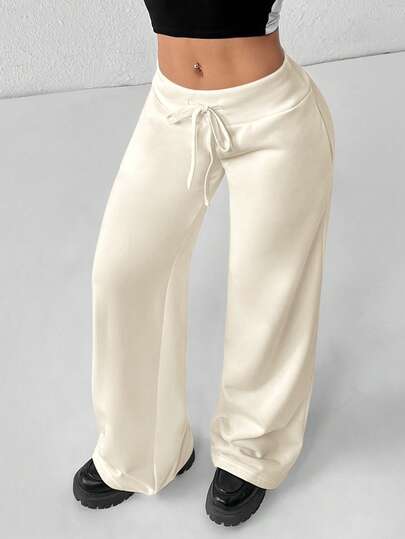 SHEIN PETITE Comfortable And Casual Plain Knitted Low-Rise Wide-Leg Women's Wide Leg Comfy Pants Satin Pants Cream Pants Silk Pants Wide Leg Sweatpants Drawstring Pants