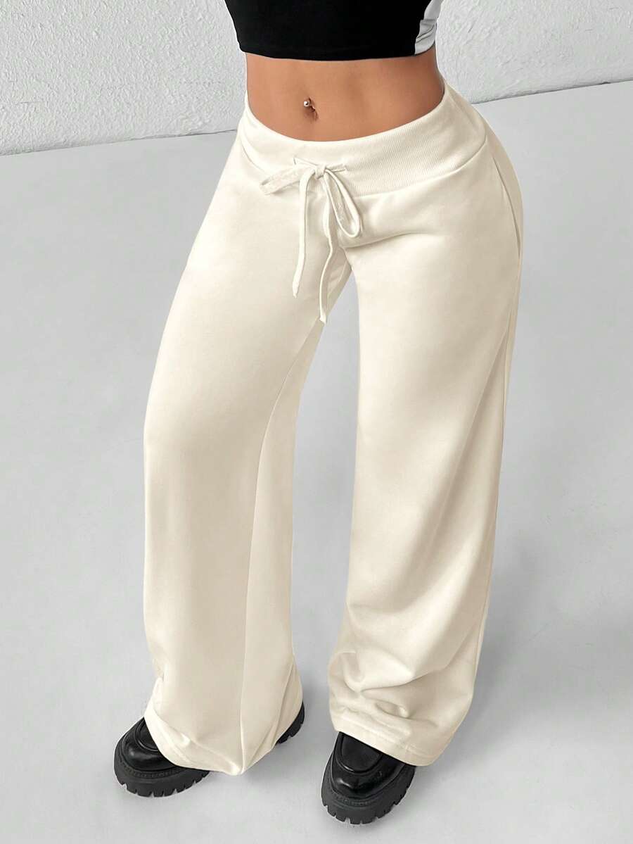 SHEIN PETITE Comfortable And Casual Plain Knitted Low-Rise Wide-Leg Women's Wide Leg Comfy Pants Satin Pants Cream Pants Silk Pants Wide Leg Sweatpants Drawstring Pants Lounge Pants - Light Yellow - View 1