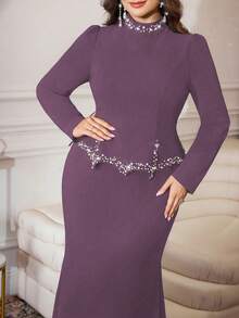 Modelyn Plus Size Elegant Rhinestone & Faux Pearl Decor Fish Tail Hem Dress, Summer - Purple - View 3
